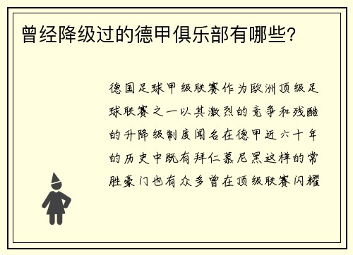 曾经降级过的德甲俱乐部有哪些？