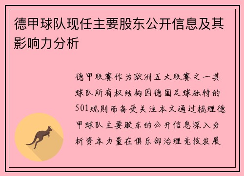 德甲球队现任主要股东公开信息及其影响力分析
