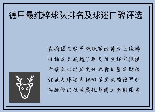 德甲最纯粹球队排名及球迷口碑评选